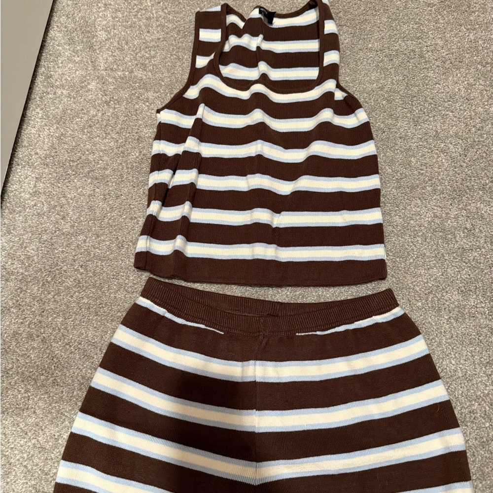 PrettyLittleThing Brown and Cream Striped Top and shorts